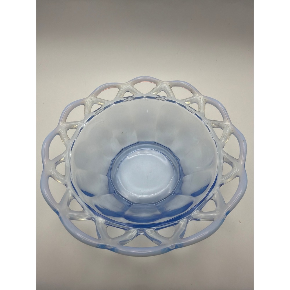 Vintage Blue Opalescent Glass Lattice Lace Edge Footed Bowl 7 Inch